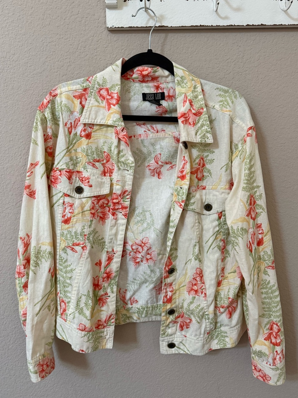 Jessi Lee Vintage Floral Print Denim Style Jacket Medium Linen Cotton Coral
